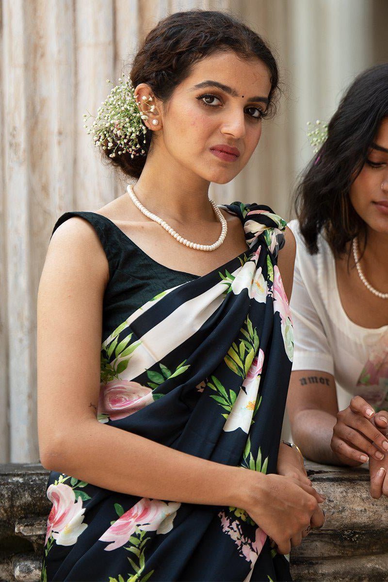 Green Floral Woven Satin Saree